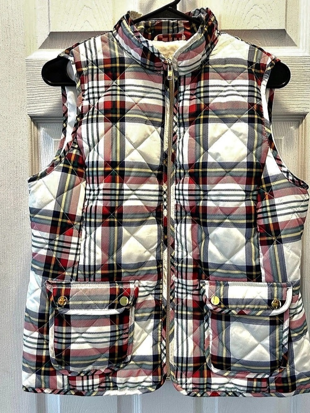 St. John's Bay Vest Womens M Multicolor Quilted Plaid Zip Front Pockets